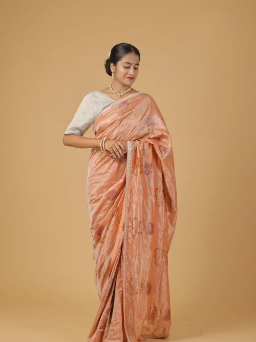 Hand woven pure banarasi tissue silk digital printed saree with hand embroidered zardozi border