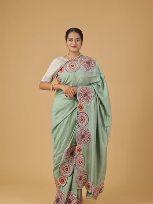 Hand woven pure banarasi silk saree with hand embroidered zardozi work applique border