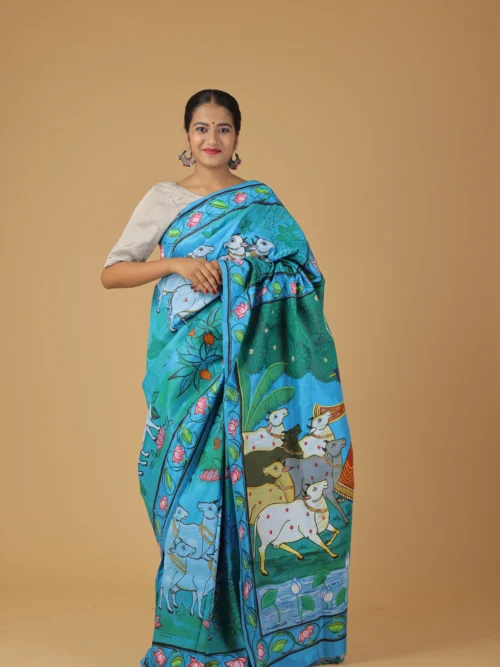 Hand drown hand painted pichwai saree on hand woven pure banarasi silk